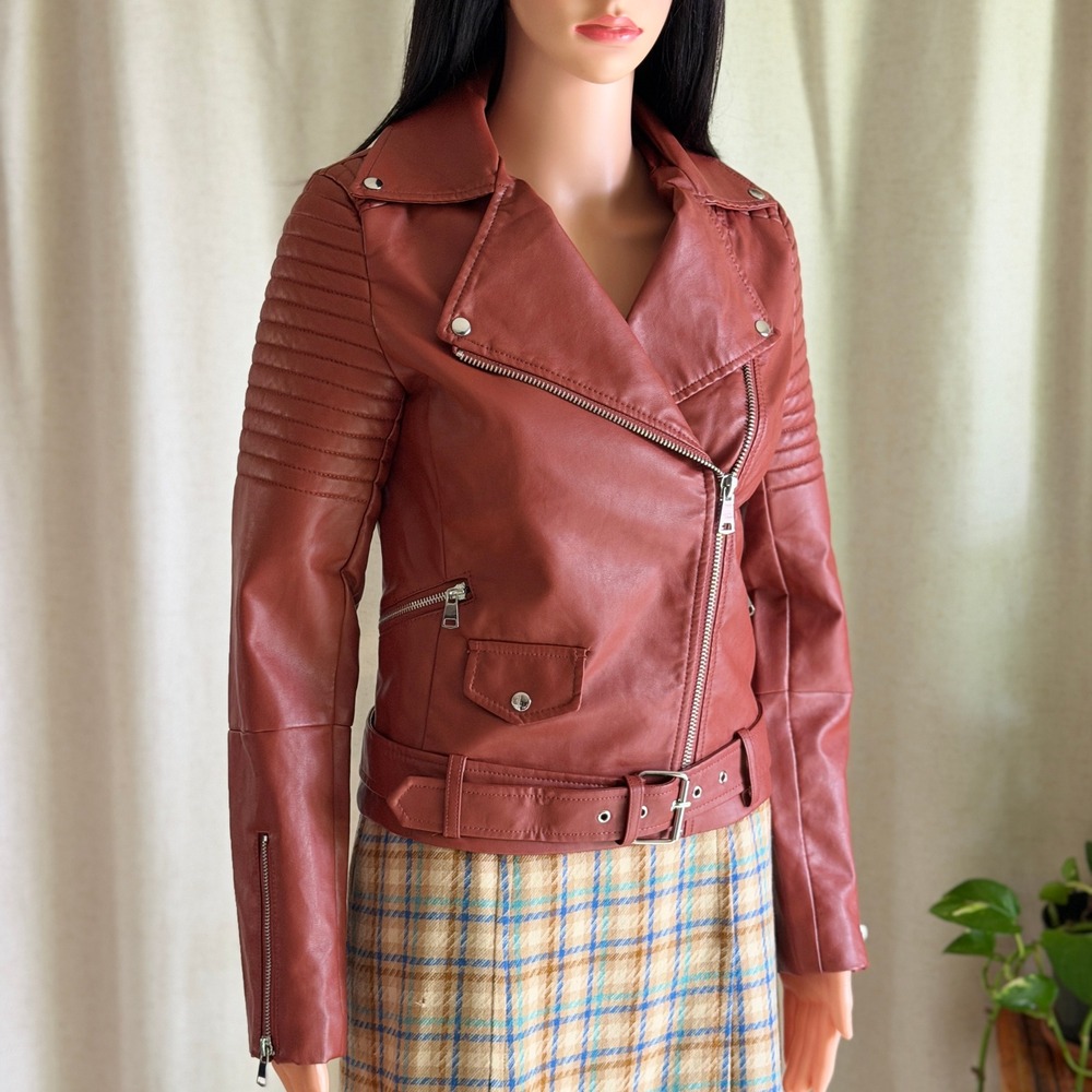 Womens Cognac Rust Faux Leather Moto Biker Jacket Quilted Shoulder S Vegan Fall